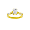 A top view of 14K yellow gold Amorati Vignette emerald diamond solitaire with prong setting and diamond band