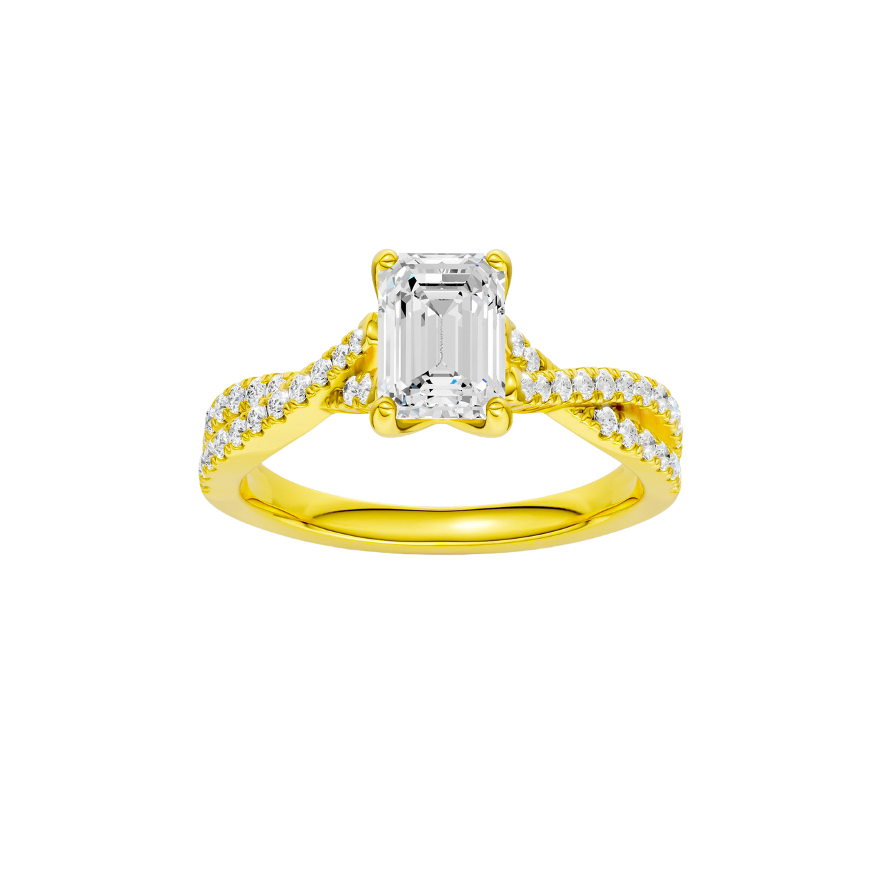 A top view of 14K yellow gold Amorati Vignette emerald diamond solitaire with prong setting and diamond band