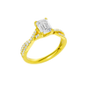 An angled view of 14K yellow gold Amorati Vignette emerald diamond solitaire with prong setting and diamond band