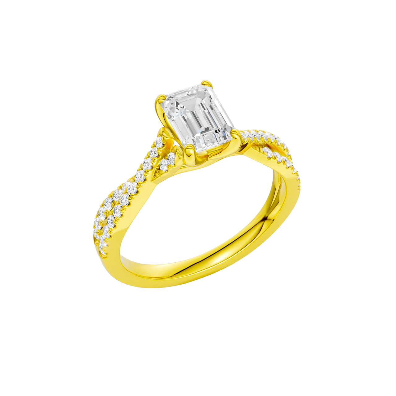An angled view of 14K yellow gold Amorati Vignette emerald diamond solitaire with prong setting and diamond band