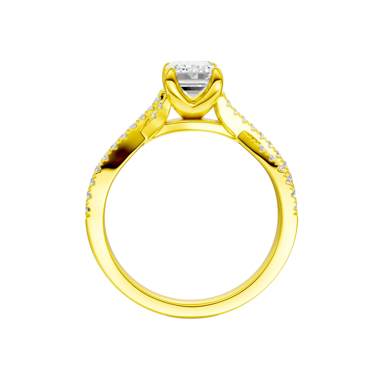 A side profile view of 14K yellow gold Amorati Vignette emerald diamond solitaire with prong setting and diamond band