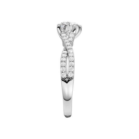 A side view of 14K white gold Amorati Vignette heart diamond solitaire with prong setting and diamond band