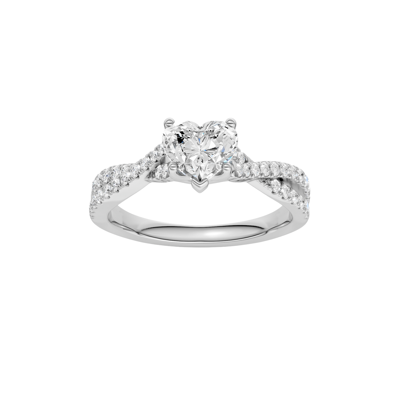 A top view of 14K white gold Amorati Vignette heart diamond solitaire with prong setting and diamond band