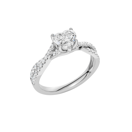 An angled view of 14K white gold Amorati Vignette heart diamond solitaire with prong setting and diamond band