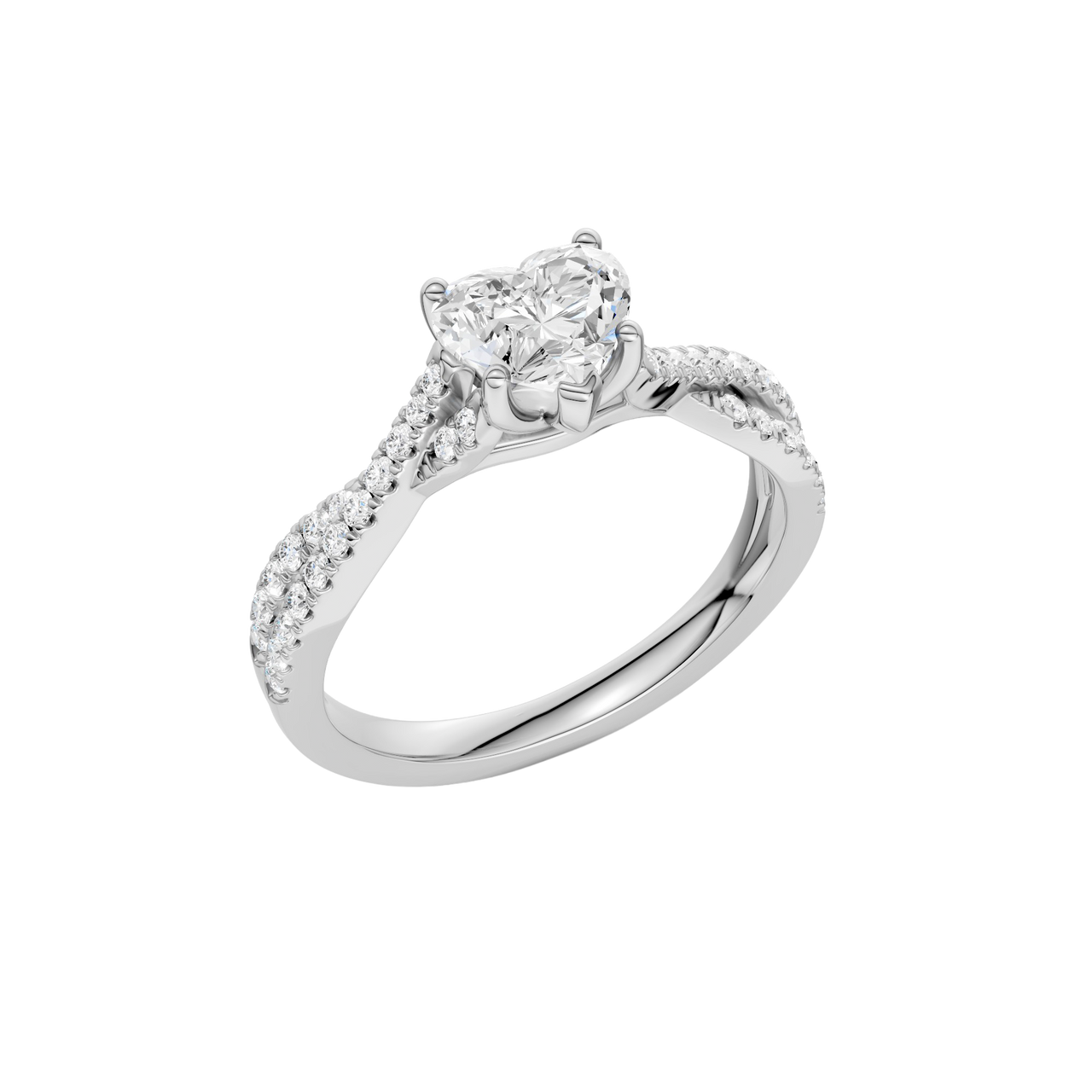 An angled view of 14K white gold Amorati Vignette heart diamond solitaire with prong setting and diamond band