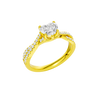 An angled view of 14K yellow gold Amorati Vignette heart diamond solitaire with prong setting and diamond band