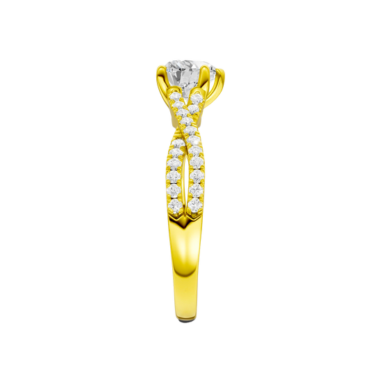 A side view of 14K yellow gold Amorati Vignette heart diamond solitaire with prong setting and diamond band