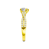 A side view of 14K yellow gold Amorati Vignette heart diamond solitaire with prong setting and diamond band