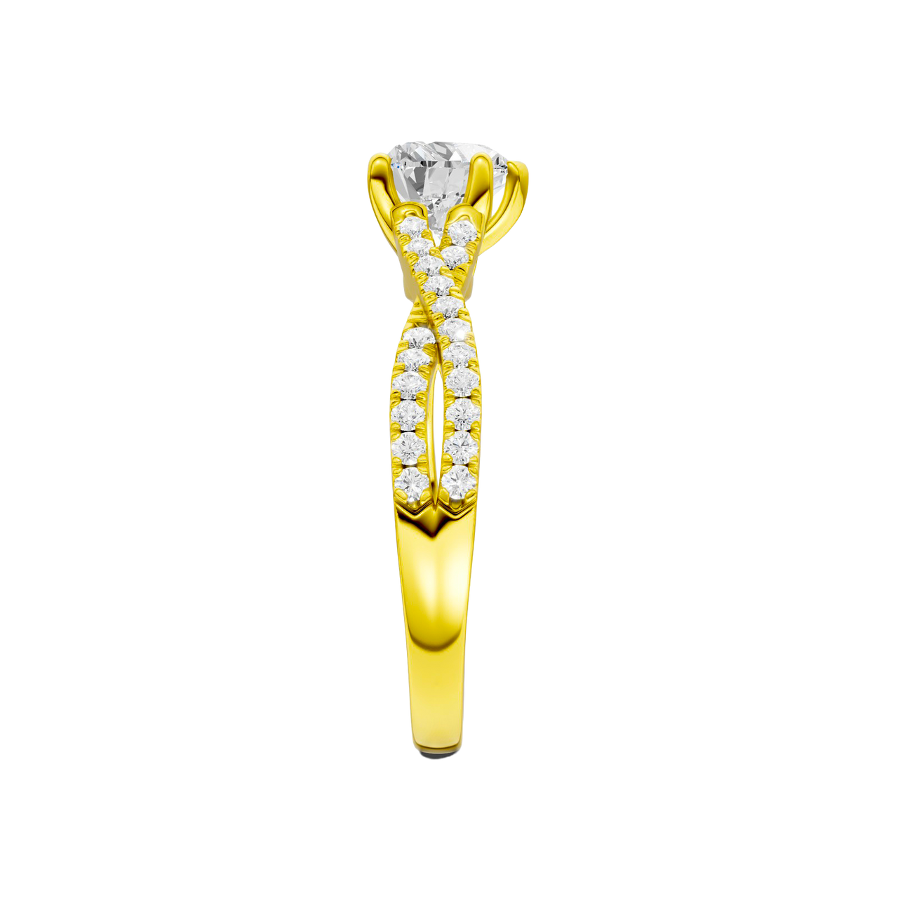 A side view of 14K yellow gold Amorati Vignette heart diamond solitaire with prong setting and diamond band