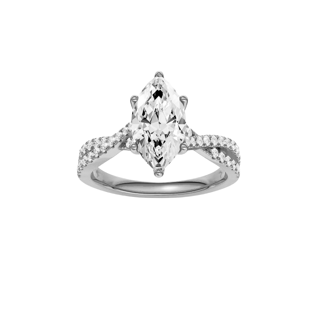 Front view of the Marquise cut diamond engagement ring in 14k white gold with a prong diamond band and twist setting