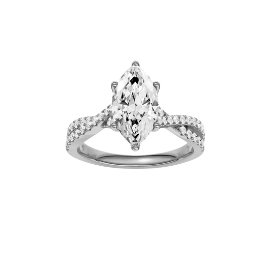 Front view of the Marquise cut diamond engagement ring in 14k white gold with a prong diamond band and twist setting