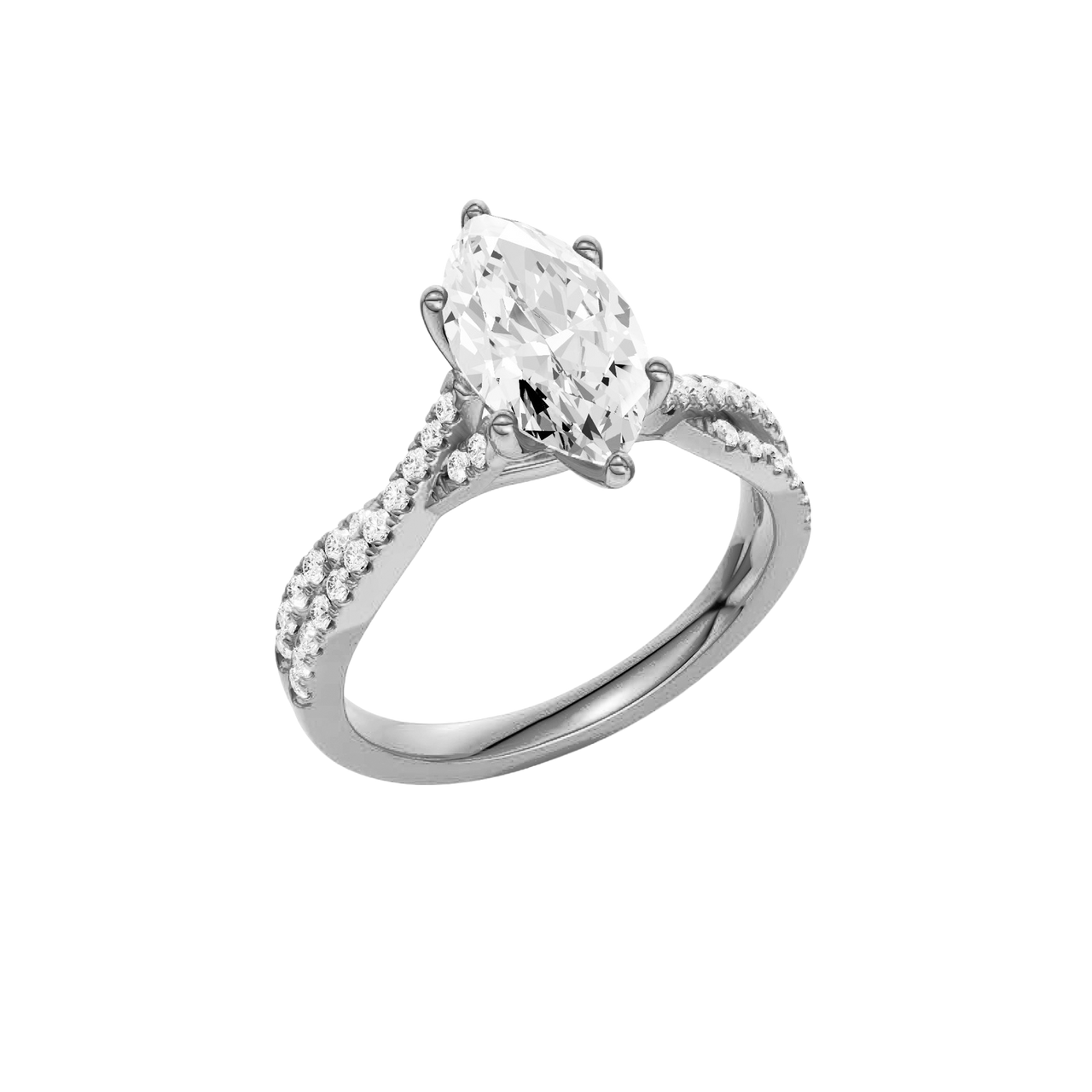 Angled view of the Marquise cut diamond engagement ring in 14k white gold with a prong diamond band and twist setting