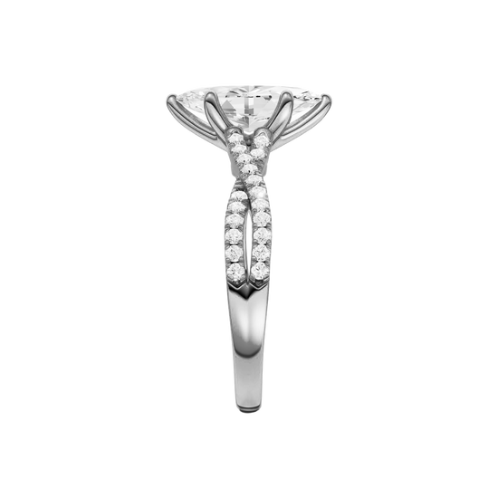 Side view of the Marquise cut diamond engagement ring in 14k white gold with a prong diamond band and twist setting