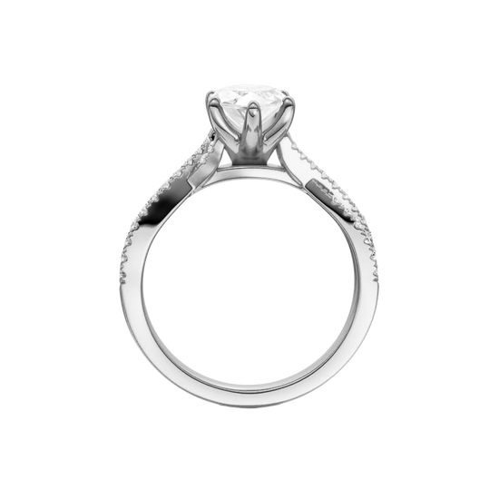Profile view of the Marquise cut diamond engagement ring in 14k white gold with a prong diamond band and twist setting