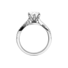 Profile view of the Marquise cut diamond engagement ring in 14k white gold with a prong diamond band and twist setting