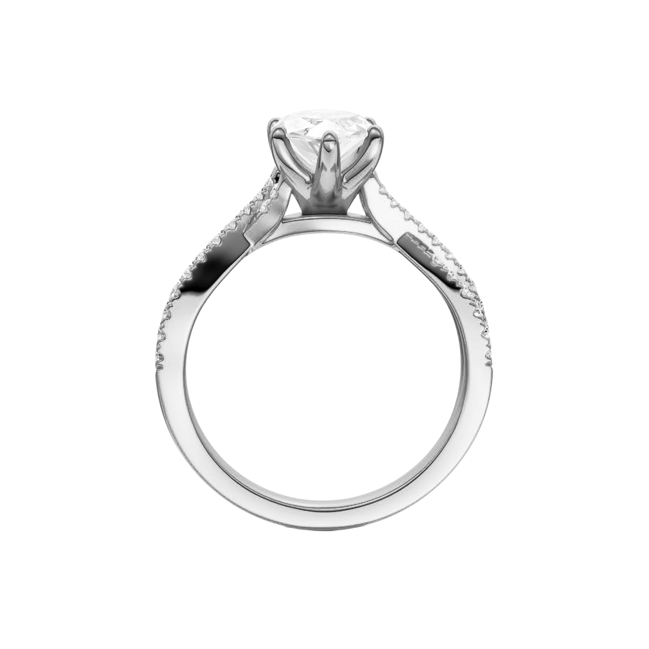 Profile view of the Marquise cut diamond engagement ring in 14k white gold with a prong diamond band and twist setting