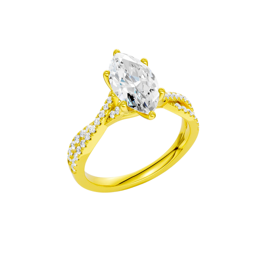 Angled view of the Marquise cut diamond engagement ring in 14k yellow gold with a prong diamond band and twist setting