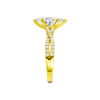 Side view of the Marquise cut diamond engagement ring in 14k yellow gold with a prong diamond band and twist setting