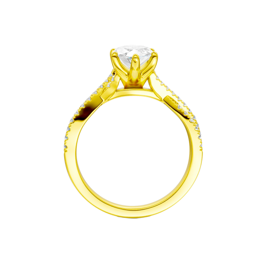 Profile view of the Marquise cut diamond engagement ring in 14k yellow gold with a prong diamond band and twist setting