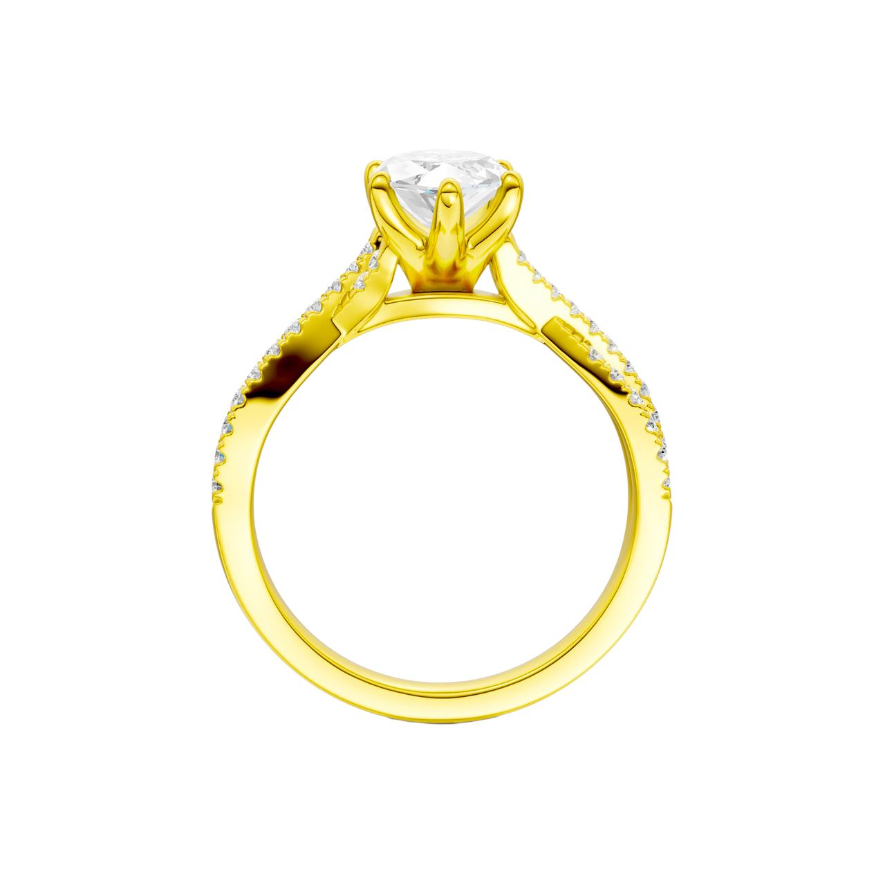 Profile view of the Marquise cut diamond engagement ring in 14k yellow gold with a prong diamond band and twist setting