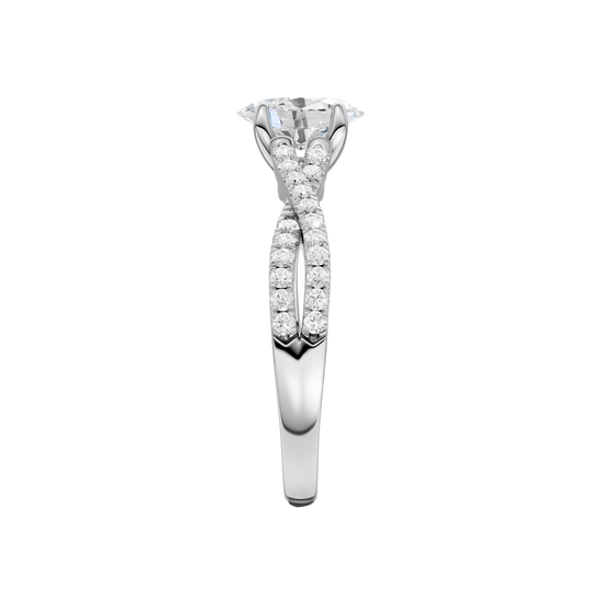 A side view of 14K white gold Amorati Vignette oval diamond solitaire with prong setting and diamond band