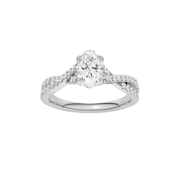 A top view of 14K white gold Amorati Vignette oval diamond solitaire with prong setting and diamond band