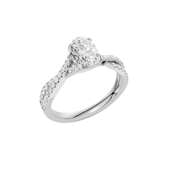 An angled view of 14K white gold Amorati Vignette oval diamond solitaire with prong setting and diamond band