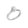An angled view of 14K white gold Amorati Vignette oval diamond solitaire with prong setting and diamond band