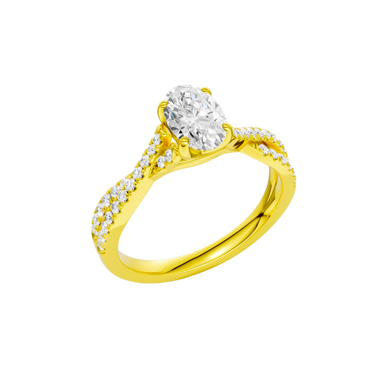 An angled view of 14K yellow gold Amorati Vignette oval diamond solitaire with prong setting and diamond band