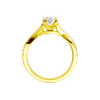 A side profile view of 14K yellow gold Amorati Vignette oval diamond solitaire with prong setting and diamond band