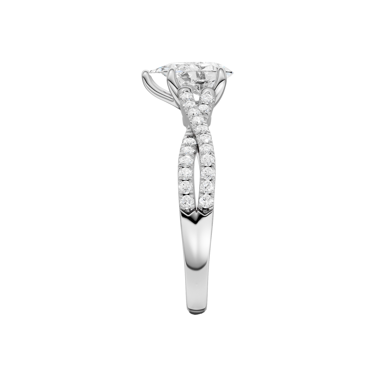 A side view of 14K white gold Amorati Vignette pear diamond solitaire with prong setting and diamond band