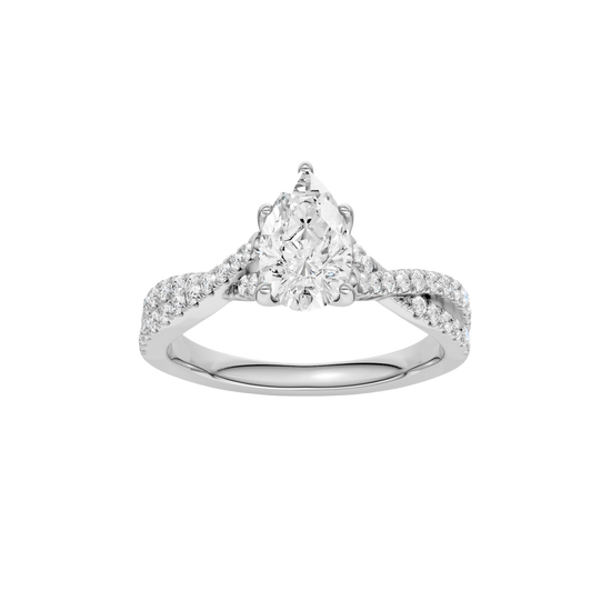 A top view of 14K white gold Amorati Vignette pear diamond solitaire with prong setting and diamond band