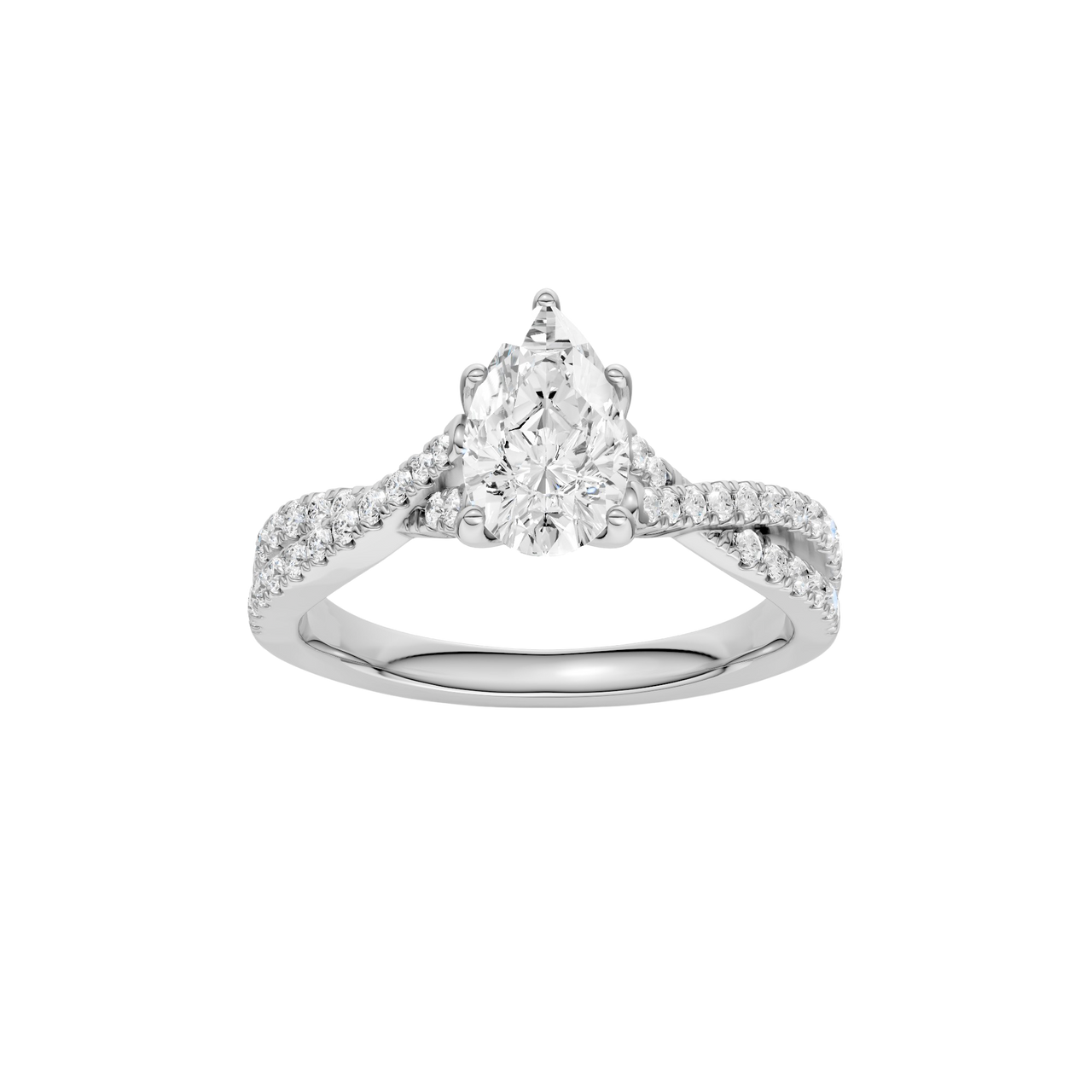A top view of 14K white gold Amorati Vignette pear diamond solitaire with prong setting and diamond band