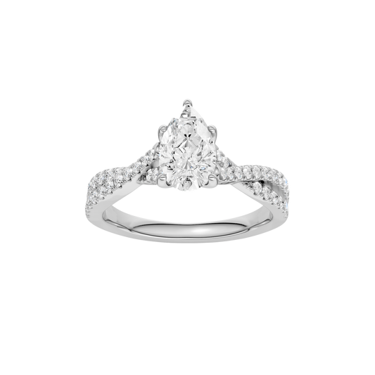 A top view of 14K white gold Amorati Vignette pear diamond solitaire with prong setting and diamond band