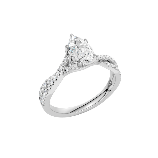 An angled view of 14K white gold Amorati Vignette pear diamond solitaire with prong setting and diamond band