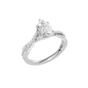 An angled view of 14K white gold Amorati Vignette pear diamond solitaire with prong setting and diamond band