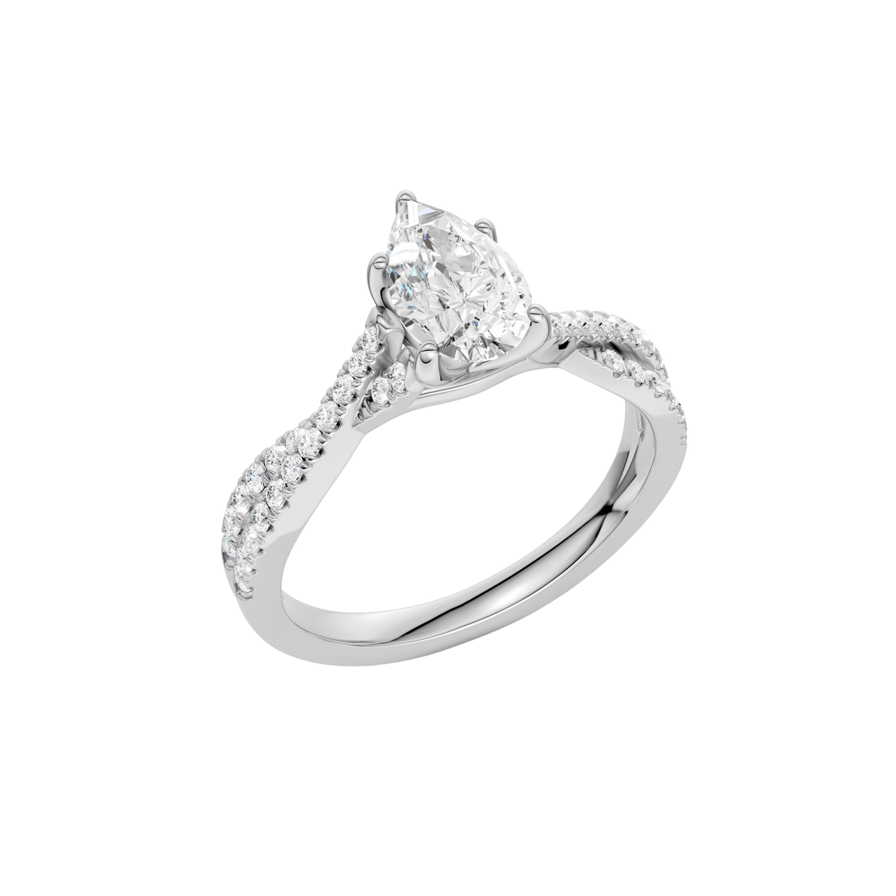 An angled view of 14K white gold Amorati Vignette pear diamond solitaire with prong setting and diamond band