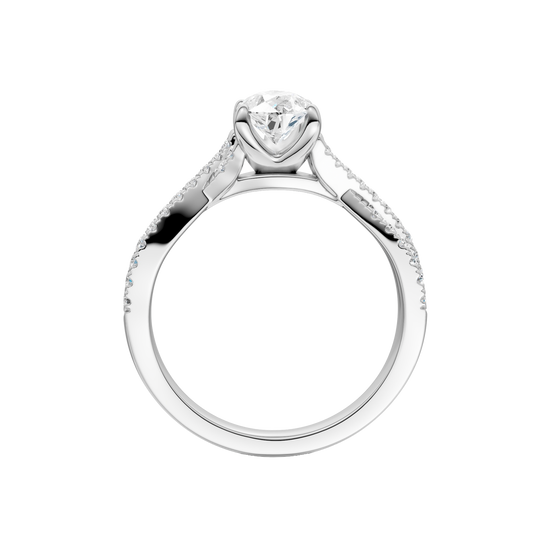 A side profile view of 14K white gold Amorati Vignette pear diamond solitaire with prong setting and diamond band