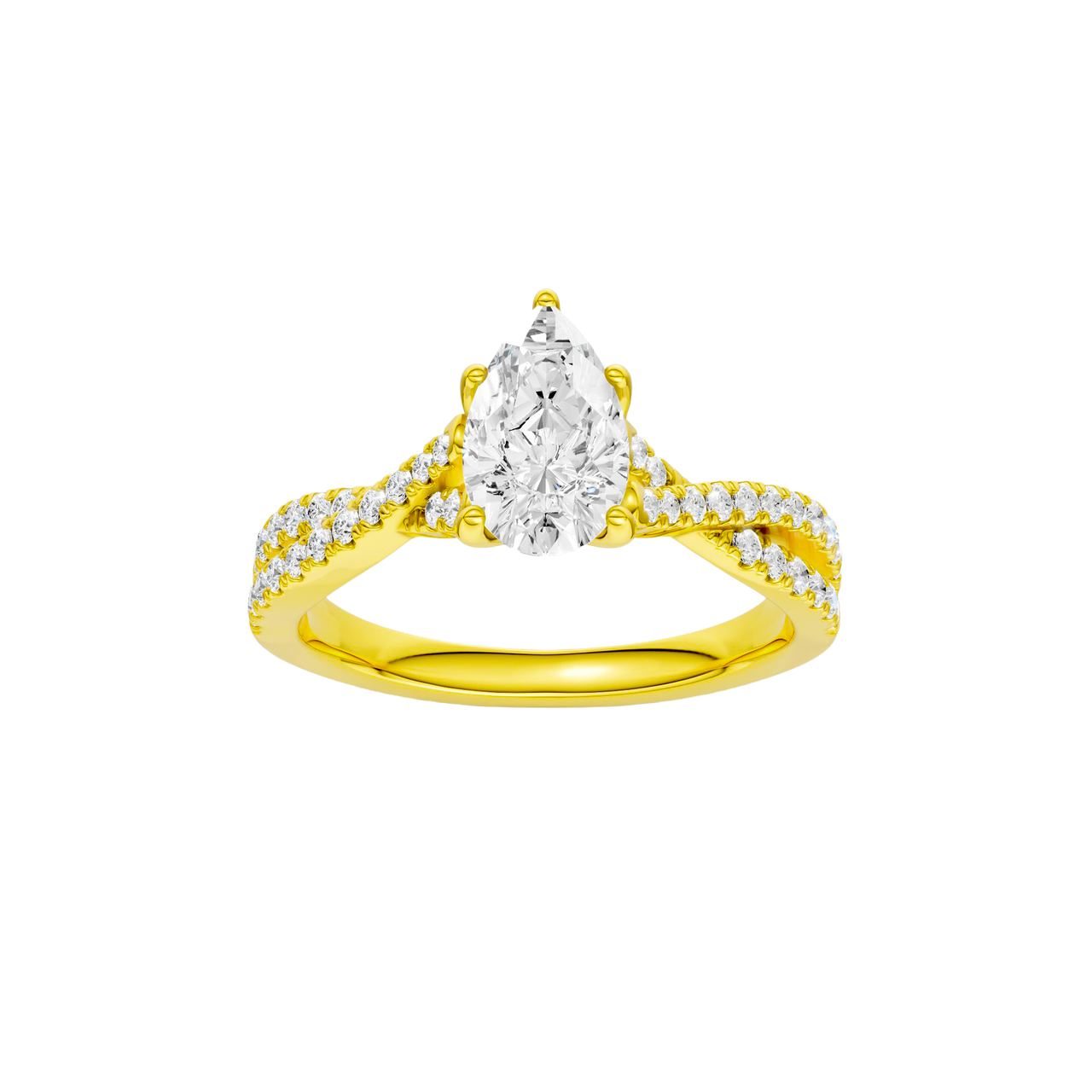 A top view of 14K yellow gold Amorati Vignette pear diamond solitaire with prong setting and diamond band