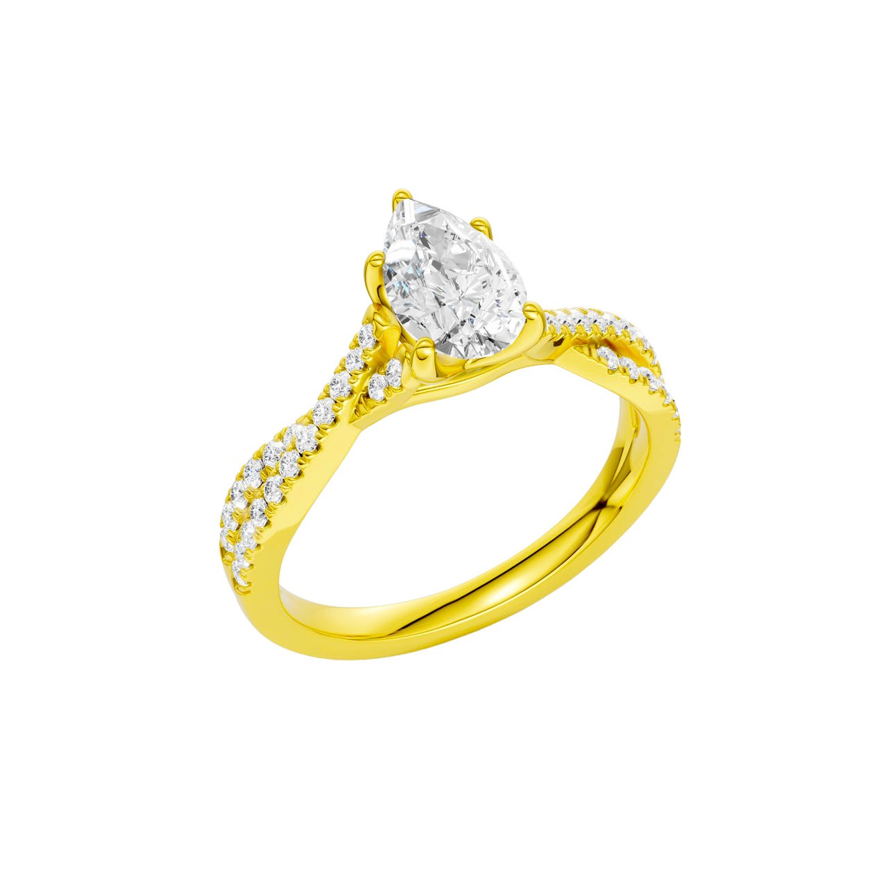 An angled view of 14K yellow gold Amorati Vignette pear diamond solitaire with prong setting and diamond band