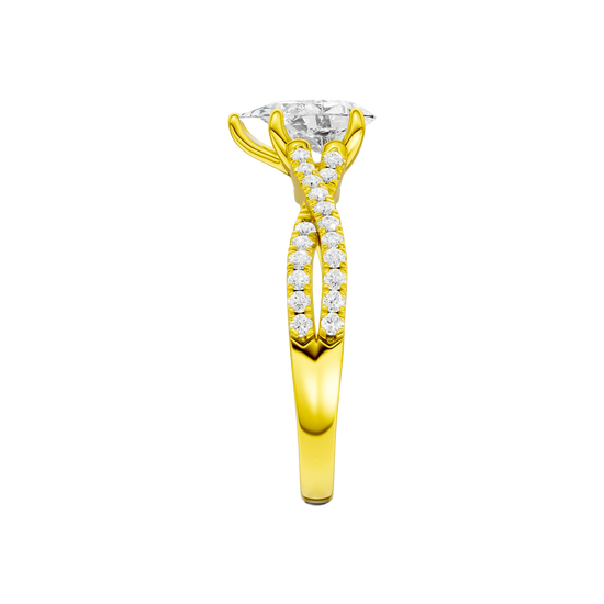 A side view of 14K yellow gold Amorati Vignette pear diamond solitaire with prong setting and diamond band