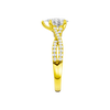 A side view of 14K yellow gold Amorati Vignette pear diamond solitaire with prong setting and diamond band