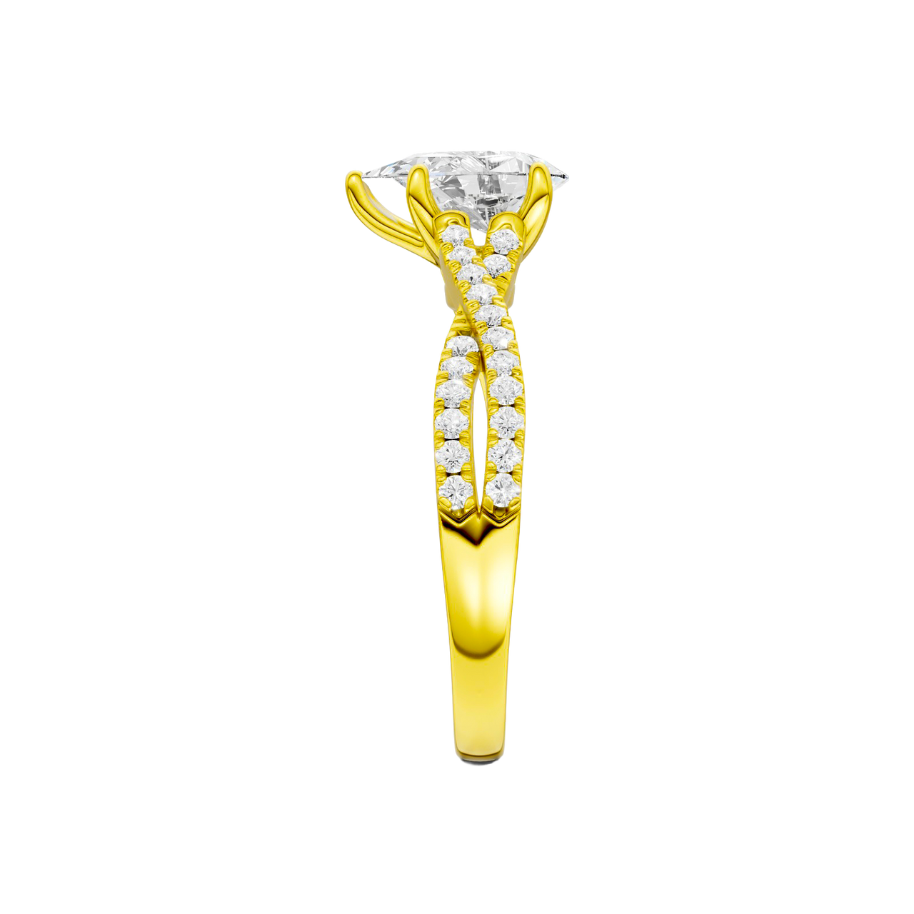 A side view of 14K yellow gold Amorati Vignette pear diamond solitaire with prong setting and diamond band