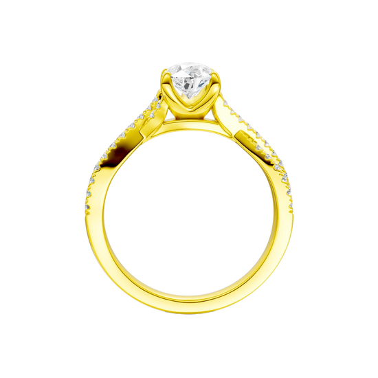 A side profile view of 14K yellow gold Amorati Vignette pear diamond solitaire with prong setting and diamond band