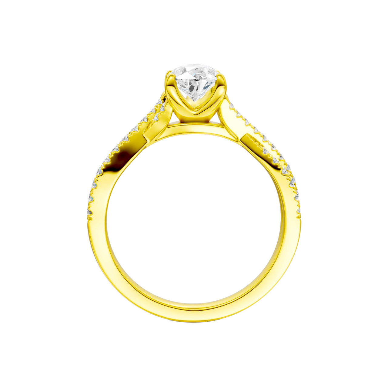 A side profile view of 14K yellow gold Amorati Vignette pear diamond solitaire with prong setting and diamond band