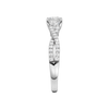 A side view of 14K white gold Amorati Vignette princess diamond solitaire with prong setting and diamond band