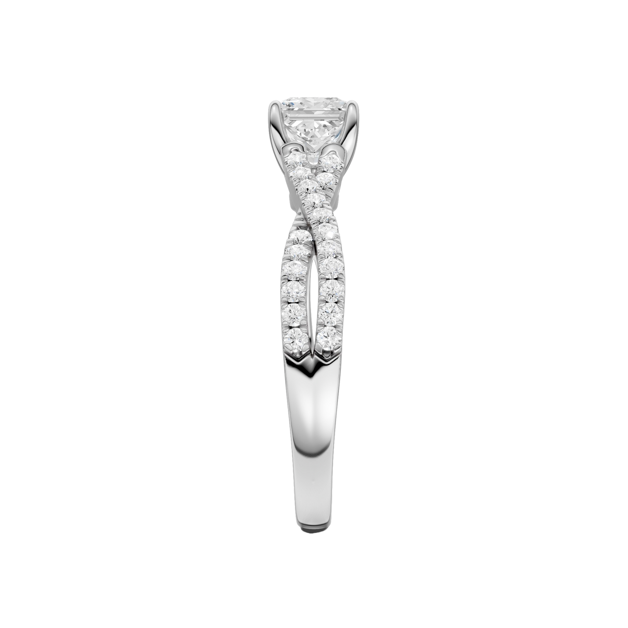 A side view of 14K white gold Amorati Vignette princess diamond solitaire with prong setting and diamond band