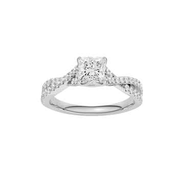 A top view of 14K white gold Amorati Vignette princess diamond solitaire with prong setting and diamond band