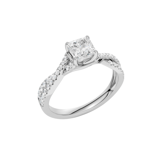 An angled view of 14K white gold Amorati Vignette princess diamond solitaire with prong setting and diamond band
