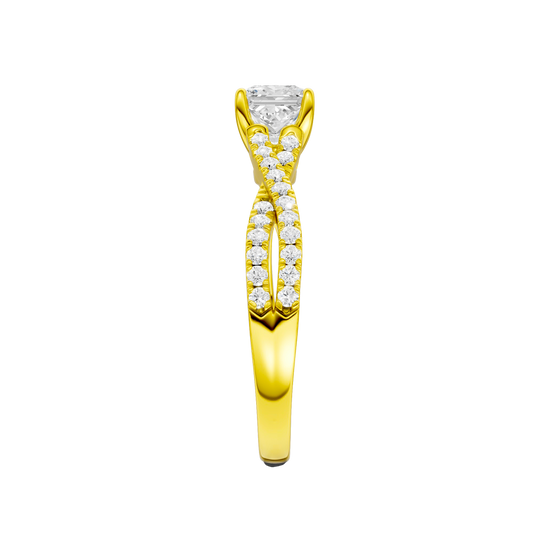 A side view of 14K yellow gold Amorati Vignette princess diamond solitaire with prong setting and diamond band